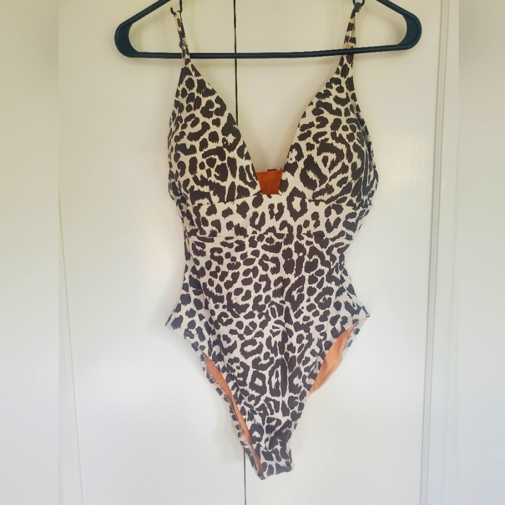 NWT J. Crew Deep Plunge One Piece Swimsuit Leopard Print - Size 10